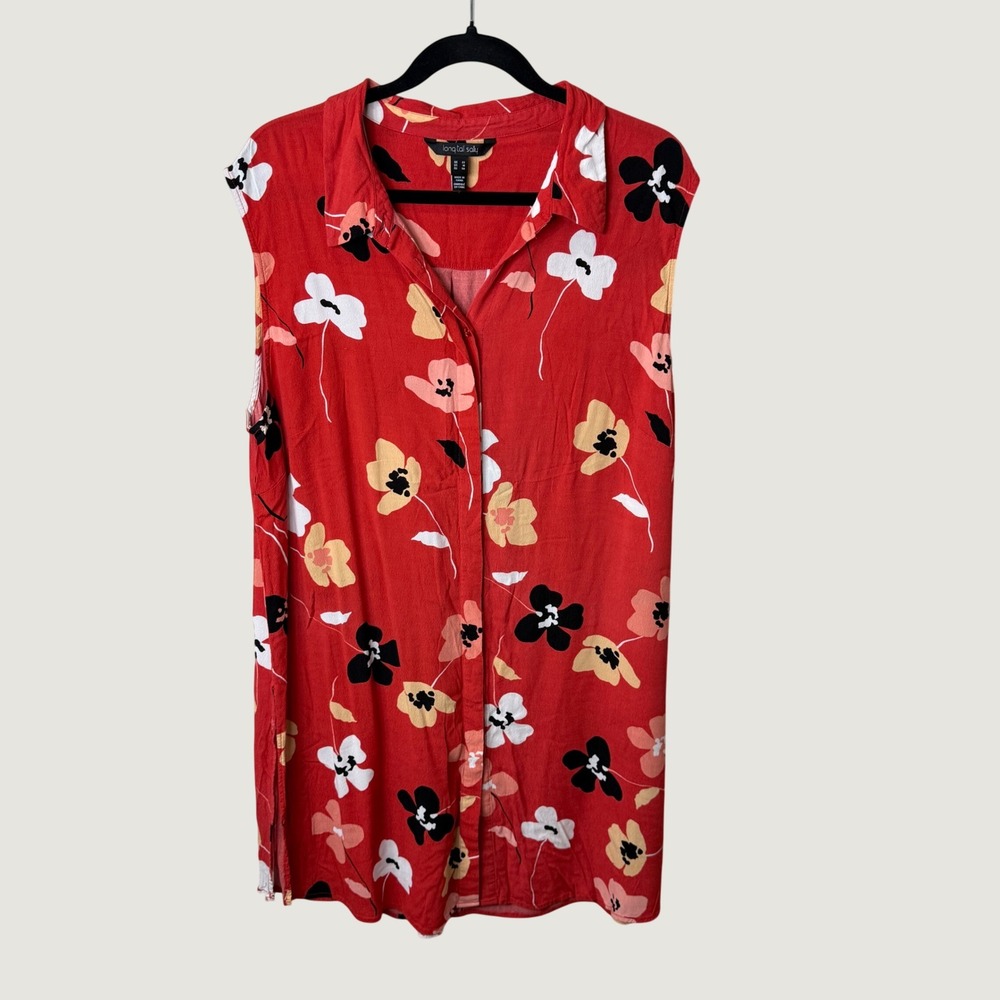 Long Tall Sally Size 18 Red Floral Shirt Dress Knee Length Fall Romantic